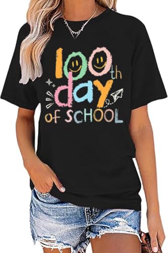 Happy 100 Days of School Shirt for Women Teacher Gifts Donut Graphic Short Sleeve Tee Tshirt School Days Party Tops (US, Alpha, Small, Regular, Regular, 100DAY-Black)