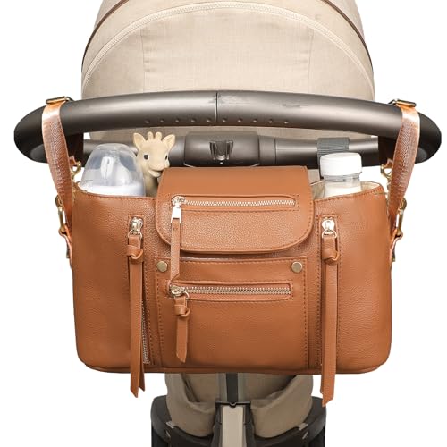 Image of miss fong Universal Stroller Organizer with Insulated Cup Holder Stroller Caddy Baby Storage Bag with Adjustable Strap, Fits for Baby Carriage like Uppababy, Baby Jogger, Britax, Umbrella-Brown