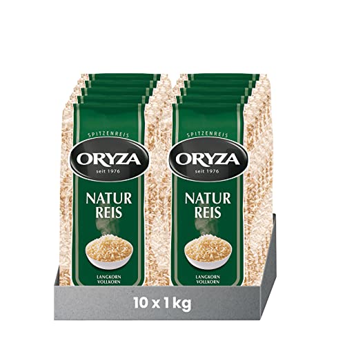 ORYZA Natur Reis 1 kg 10er Pack (10 x 1kg) Langkorn-Reis Vollkorn-Reis Brauner Reis vegan von Natur aus glutenfrei