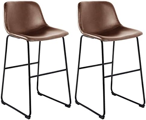 Rfiver Pu Faux Leather Bar Stools Set of 2, Industrial Pub Barstools with Back and Footrest, Modern Armless Bar Height Stool Chairs, Brown