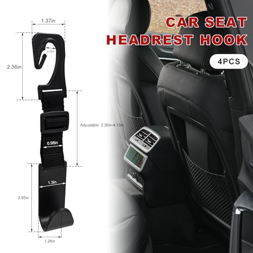 BWBWND 4PCS Car Seat Headrest Hook, Adjustable Vehicle Backseat Hanger Storage Organizer, Universal Seat Back Holder Hooks for Purse Coat Grocery Bag, Car Accessories (Black)