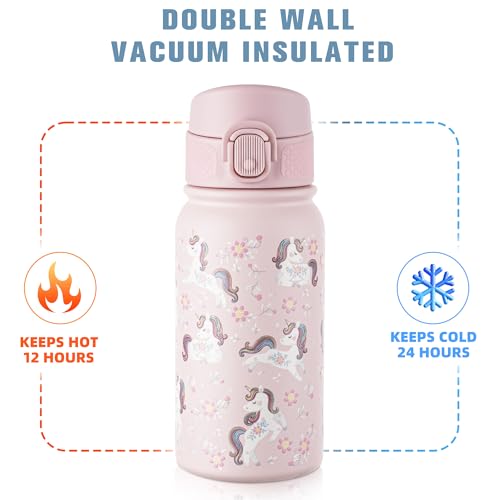 Image of GOPPUS Kids 12oz Insulated Stainless Steel Water Bottle, Leakproof Vacuum Tumbler with Carry Handle, Fits Cup Holders, Reusable Water Bottle for School Outdoor, Boys & Girls(Pink Unicorn)