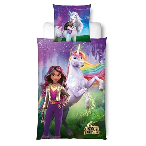 MTOnlinehandel Bettwäsche Unicorn Academy 135x200 - Mädchen Geschenkidee 1x Kissenbezug 80x80 + Bettbezug 135x200 mit Reißverschluss - Sophia AVA Layla Kinderbettwäsche für Einhorn Fans