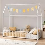 IRONCK Bett 90x200 Hausbett, Bodenbett mit stabilem Rahmen Metallbett, Bettgestell 90x200cm, Bettrahmen mit Kippschutz & einfacher Montage - Weiß