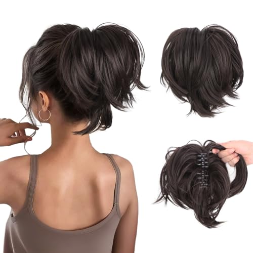 QGZ Messy Bun Hair Piece, Claw Clip in Short Ponytail Extension with Bendable Metals Wires for Women