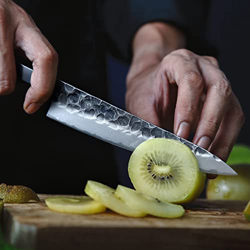 Shirkhan Utility Knife 6 Inch - Professional Japanese Petty Kitchen Knife - High Carbon Hand Hammered Clad Steel Blade 10Cr15Comov Cutting Core - Octagon Redwood Handle - Gift Box #TOP6