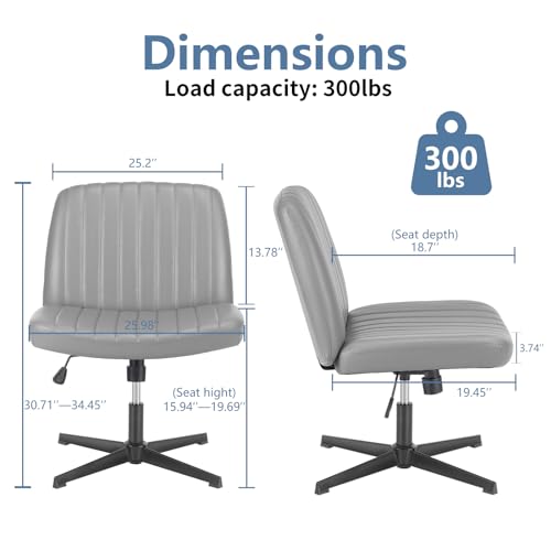 Image of DUMOS Criss Cross Chair No Wheels, Wide Seat Cross Legged Office Desk Vanity Chair, Faux Leather Armless Height Adjustable Swivel Task Computer Chairs for Home, Study, Grey PU