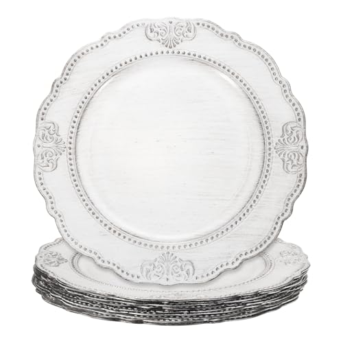 sourcing map 10pcs Vintage Charger Plates Bulk, 13 Inch Plastic Beaded Decorative Chargers for Dinner Plates Set Round Plate Charger for Wedding Party Event Table Setting Decoration, White