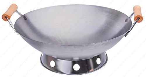 16 Inches Carbon Steel Round Bottom Wok with Two Side Wood Handle, 14 Gauge Thickness, USA Made (Wok Ring Included for NO Extra Charge)