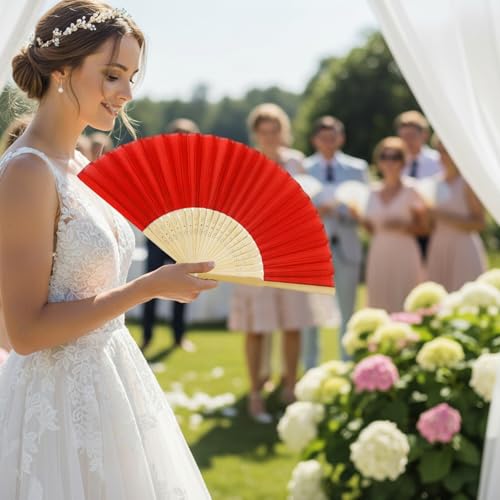 Miniatura 4 de Paquete De 50 Abanicos De Mano Plegables, Abanicos De Boda De Seda De Bambú Para Invitados, Chinos Decorativos Portátiles De 15 Pulgadas Para Regalos De Fiesta Y Decoración Del Hogar, Rojo