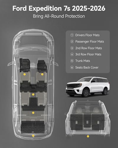 Image of 3W Floor Mats & Cargo Liner & Backrest Mat for 2025-2026 Ford Expedition | Only Standard 7 Seats, Easy Clean 100% TPE All Weather Custom Fit for Expedition Car Liners,Full Protection Mats, Black 5pcs