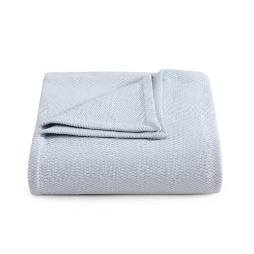 Image of Tommy Hilfiger - Queen Cotton Blanket, Textured Pique Weave Bedding, Medium Weight Soft Blanket, Anti-Pilling & Fade Resistant, Ideal for Layering, Oeko-TEX Certified (Blue)
