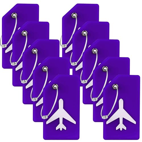 Image of Gostwo 10 Pack Silicone Luggage Tags for Suitcases, Plane Travel Essentials | Suitcase Bag Name Tag, TSA Approved, Stainless Loop, Privacy Protection, Luggage Identifiers Accessories, Purple