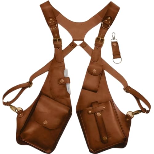 Premium Leather Adjustable Underarm Shoulder Bag for Men & Women, Hidden Strap Wallet with Double Pockets for Travel, Hiking(Dark camel)