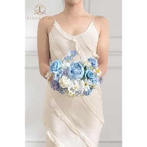 TINGE TIME Blue Artificial Flowers Combo Box Set Silk Daisy Fake Roses Peony with Stems for DIY Bridal Wedding Bouquets Baby Shower Floral Arrangements Centerpiece Table Party Home Decorations