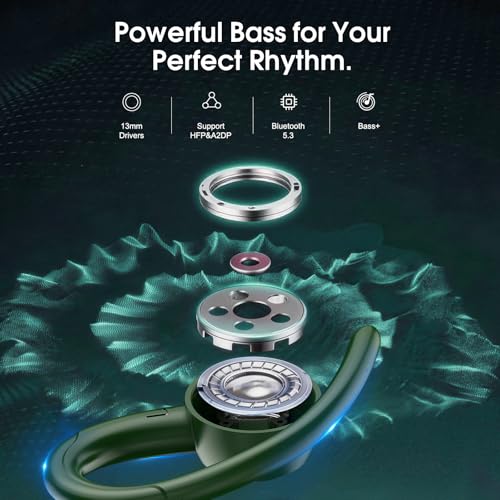 Image of Wireless Earbuds Bluetooth 5.3 Headphones Sports, 48H Earphone with ENC Mic, Stereo Deep Bass Bluetooth Earbuds with Secure Earhooks, LED Display, IPX7 Waterproof Over Ear Buds for Running /Gym Green