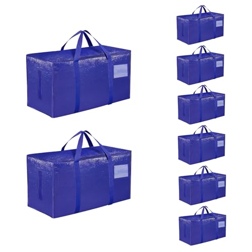 8 Pack-Extra Large Heavy Duty Moving Bags - Waterproof Storage Totes with Handles & Zippers, Foldable for College Dorm, Storage (Blue)
