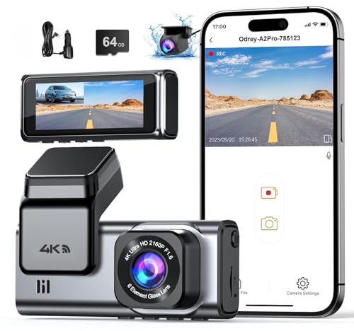 ODREY A2 Pro Dash Cam Front and Rear, 4K + 2.5K Dual Recording, 5G WiFi Car Camera with IMX335 Sensor, Night Vision, G-Sensor, Loop Recording, Parking Mode, 64GB Card Included