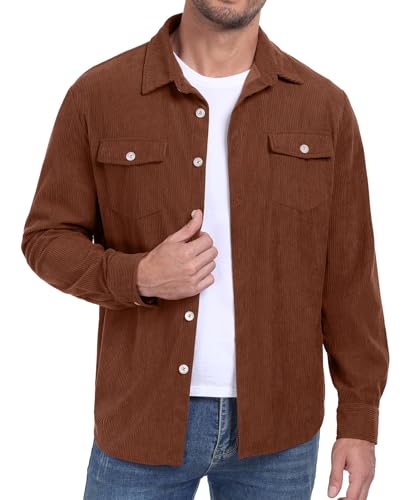 Image of Askdeer Men's Corduroy Button Down Shirts Long Sleeve Casual Shacket Jacket Western Corduroy Shirt Jacket with Flap Pockets