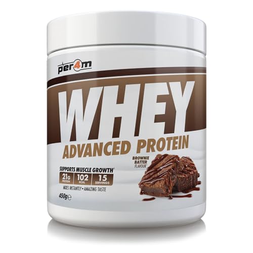 Per4m Whey Protein Powder | High Protein Shake for Muscle Growth & Recovery | Low Sugar Gym Supplement | Sports Nutrition Drink + Amino Acids (450g, Chocolate Brownie Batter)