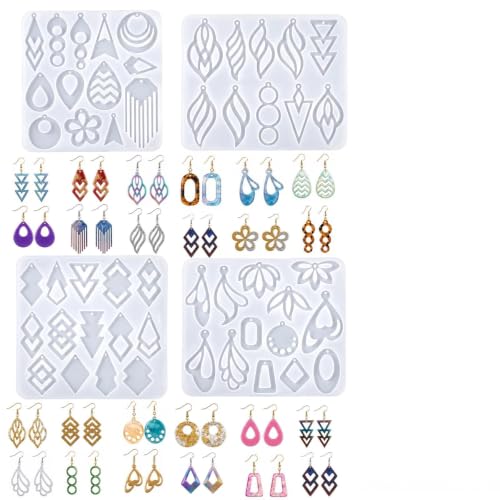 50 Styles Resin Earring Molds 4 Pcs Silicone Jewelry Resin Casting Molds with Built in Holes Resin Molds Jewelry for Epoxy Pendantr Earrings Necklace Pendants Keychains