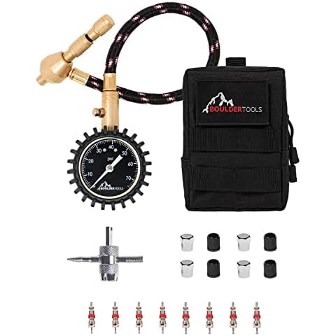 Boulder Tools Heavy Duty Rapid Tire Deflator & Molle Pouch - Precision Release Button Air Down Offroad Kit - Glows in Dark, Bonus: Valve Caps, Cores, Repair Tool | Quickly Deflate 4x4 Off Road Tires Cover