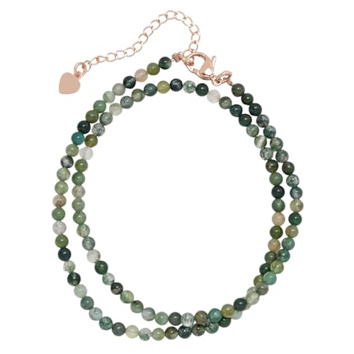 Treasure Bay - Collier Ras-du-Cou en Perles de Pierres Précieuses pour Femmes et Filles | Petites Perles de 3mm | Collier Superposé en Œil de Tigre, Lapis-Lazuli Bleu, Turquoise Blanche, Agate Verte (Agate mousse)