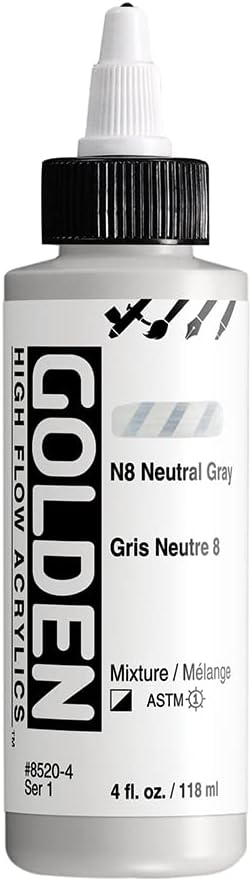 GOLDEN High Flow Acrylics, N8 Neutral Gray, 4 fl. oz. Bottle, Professional Acrylic Paint, Semi-Opaque