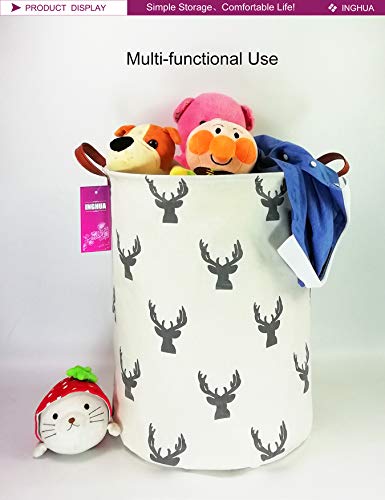 Image of Laundry Hamper Large Canvas Fabric Storage Basket Grey deer | Organizer Bin Dirty Clothes Collapsible Waterproof for College Dorms, Boys and Girls Bedroom,Bathroom