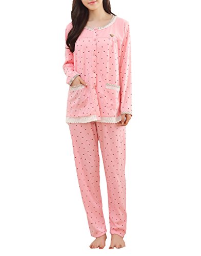 VENTELAN Women's Floral Printed Fashion Sleepwear Pajamas Button Up Bottoms Set Pink