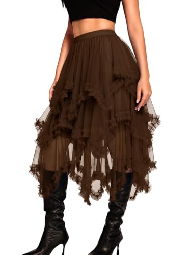 Kaei&Shi Long Tulle Skirt,High Waisted Asymmetrical Ruffle Skirts for Women,Renaissance Fairy Costume Concert Birthday Party