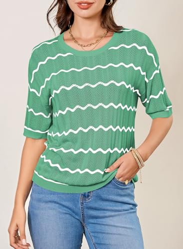 Image of EVALESS Womens Short Sleeve Sweaters Spring Summer Crochet Knit Tops Crewneck Striped T Shirts Casual Blouses for Women