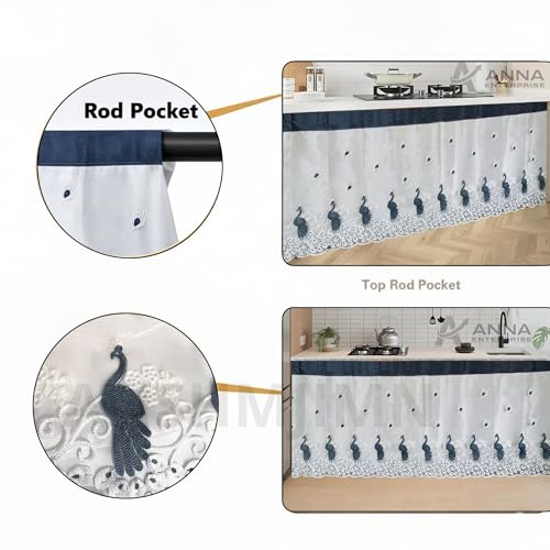 Image of Embroidered Kitchen Sink Curtain with Rod Pocket | Decorative Under Sink Cabinet Curtain | Floral & Peacock Design | Washable Fabric | Size: 150 x 71 CM (Gray, Pack of 1)