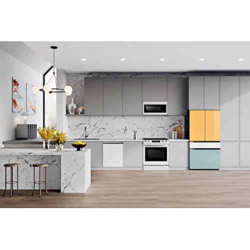 Image of Samsung 29 Cu. Ft. Bespoke 4-Door French Door Refrigerator with Beverage Center, Morning Blue Glass Top Panel with White Glass Middle and Bottom Panels, RF29BB86004MAA