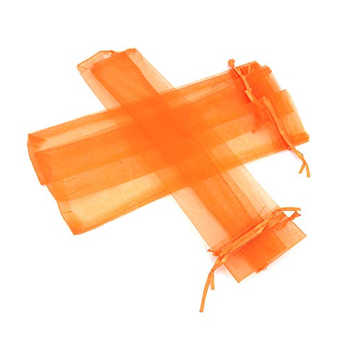 50Pcs Orange Hand Fan Organza Bags, 2x10 Inches Sheer Halloween Drawstring Pouches Folding Fan Gift Bags for Packaging Wedding Party Favor