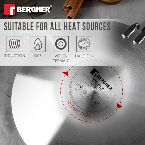 Image of BERGNER Tri-Ply Argent Ceramica 28cm Roti Tawa with Ceramic Coating, Non-Stick Large Roti Tawa with Stay Cool Handle, PFOA Free, Durable, Food Safe, Even and Faster Heating - Induction Compatible
