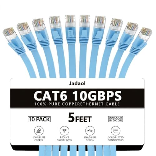 Image of Jadaol Cat6 Ethernet Cable 5FT 10-Pack 10Gbps Flat Network Cable, Blue