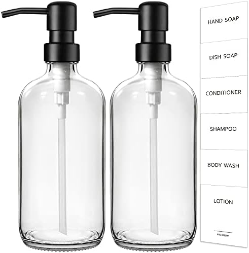 GMISUN Clear Glass Soap Dispenser, 2 Pack Thick Hand and Dish Soap Dispenser Set with Matte Black Stainless Steel Pump, 16 Oz Refillable Liquid Soap Bottle, Modern Empty Bottles for Kitchen & Bathroom