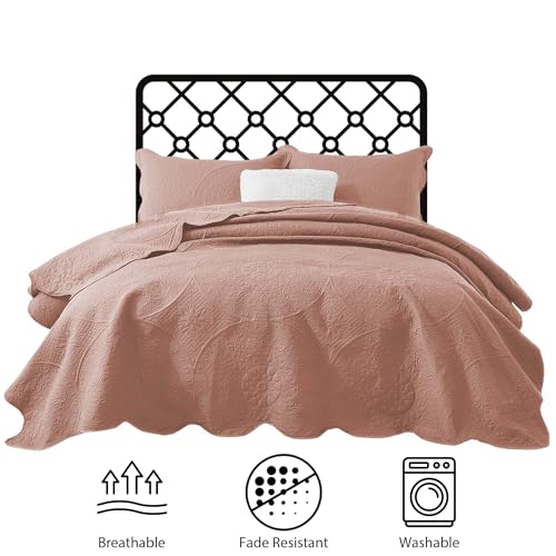IR Imperial Rooms King Quilt Bedding Set Size (106" x 96") + 2 Pillow Shams (20" x 36"+ 2") - 3 Pcs All Season Lightweight Reversible Microfiber Coverlet Floral Embossed Quilt Bedspread (Baby Pink)