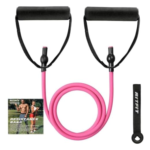 RitFit Single Resistance Exercise Band with Comfortable Handles - Ideal for Physical Therapy, Strength Training, Muscle Toning - Door Anchor and Starter Guide Included (Rose Pink(10-15lbs))