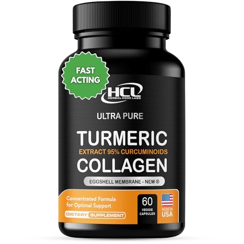 Turmeric Curcumin 95% Extract & Collagen Capsules - NEM Promotes Knee Comfort & Flexibility - Eggshell Membrane w Naturally Occurring Glucosamine Chondroitin Hyaluronic Acid- Made in USA