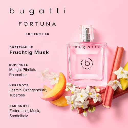 Luxess GmbH Bugatti Fortuna Parfüm Damen I Fruchtiges Eau de Parfum Damen mit Statement-Glasflakon I Lebendige Kombination aus Mango Pfirsich Jasmin Moschus & Sandelholz I Selbstbewusstes Parfüm Frauen