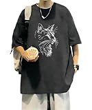 [KOTRBOY] Tシャツ メンズ 半袖 綿100% 抗菌防臭 夏服 木版画風猫プリント 薄手 通気性 柔らかい肌触り 軽量 ファッショントップス 全サイズ対応 4色展開 コーデしやすい リラックス・通勤・日常・旅行・外出用-Gray-M