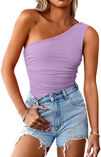 ANRABESS Women 2023 Summer Sleeveless Sexy One Shoulder Mesh Solid Tank Top Bodysuit Jumpsuits