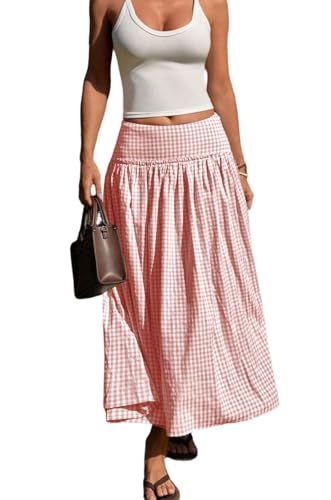 ebossy Women's Stretchy High Waist Smocked Gingham Skirt Tiered Ruffle Flowy A-Line Pastoral Midi Skirt with Pockets (L, Pink Red)