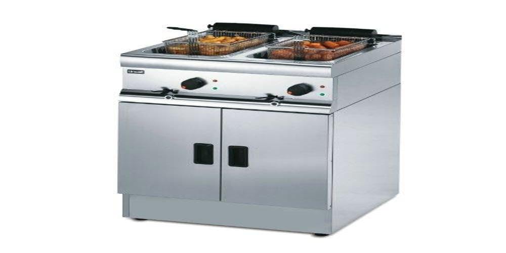 Twin 6kW 9 Litre Tank Twin Basket Free Standing Electric Deep Fryer (J12), Stainless Steel, 130°C to 190°C, Size: 980(H) x 600(W) x 632(D)mm, Front Oil Drain Tap, Chip Output: < 52kg/hr | J962