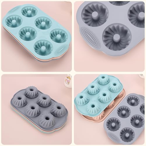 صينية كيك صغيرة، قوالب كيك أنبوبية سيليكون بتصميم مخدد، قالب كيك بـ6 تجاويف، قوالب خبز غير لاصقة، باللونين الوردي والأزرق والرمادي، مثالية للكب كيك والحلويات والخبز المنزلي، طقم من 3 قطع