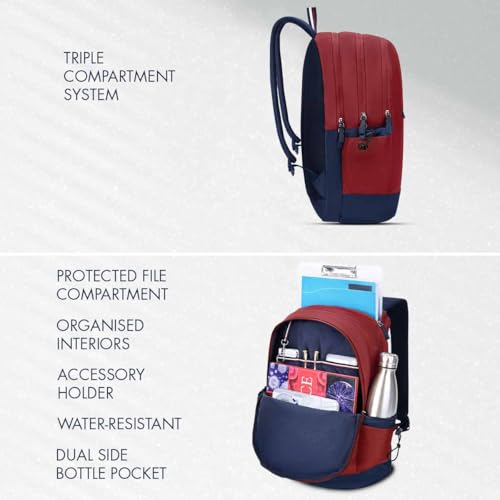 Image of Tommy Hilfiger Professional School Backpack Stud - Burgundy+Navy | Durable Water-Resistant Bag for Teens with Signature Metal Logo | 3 Compartments | Integrated Rain Cover | 30L Capacity