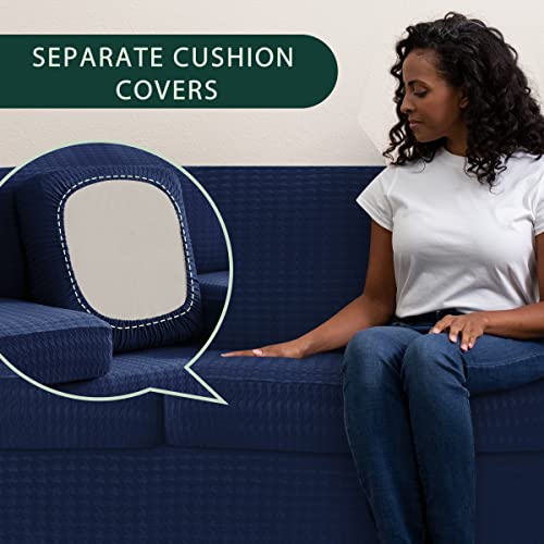 Chun Yi 4 Piece Houndstooth Loveseat Sofa Slipcover Stretch Couch Cover, 3 Seater Stretch Couch Slipcover With Separate Cushions, Swallow Gird Spandex Jacquard Fabric (Dark Blue) #TOP4