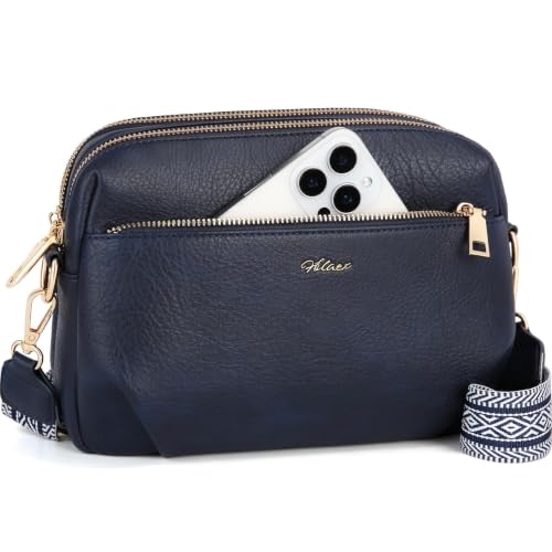 HILAEX Crossbody Bag for Women Leather Purse Anti Theft Multi Pockets Wide Adjustable Strap Shoulder Handbag RFID Blocking Blue
